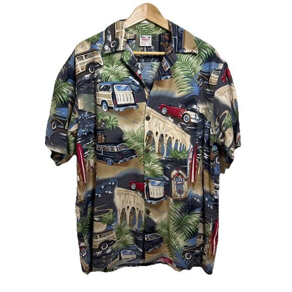 Go Barefoot Hawaiian Shirt Mens XL Woody Car Jukebox Beach Aloha Short Sleeve - Picture 1 of 10